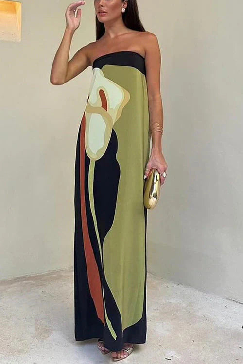 Sophie | Dames jurk maxi strapless kleurblok print