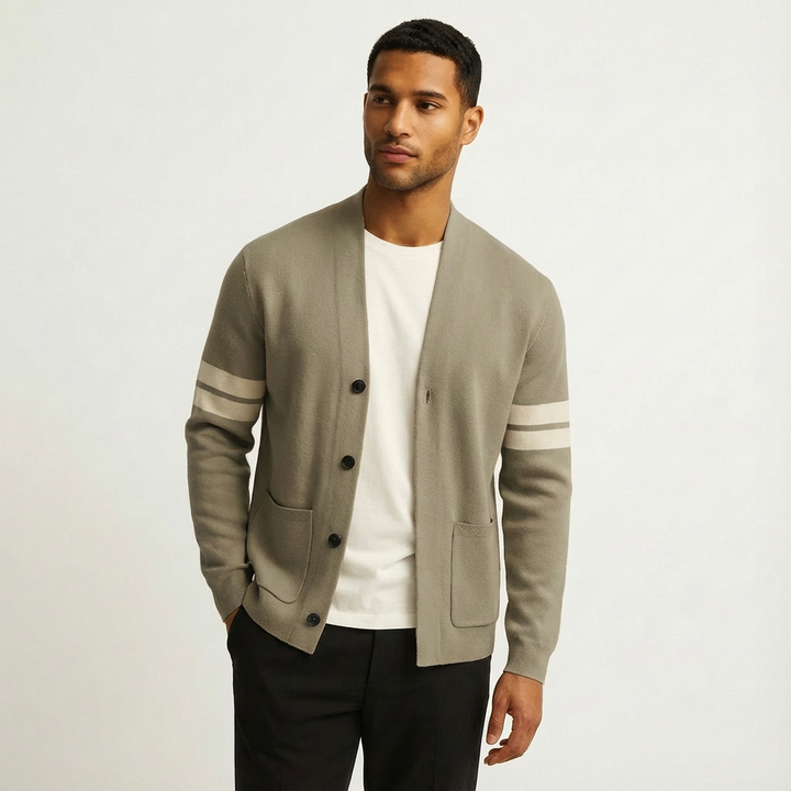 Klassieke Merino Heren Cardigan met Gestreepte Mouwen