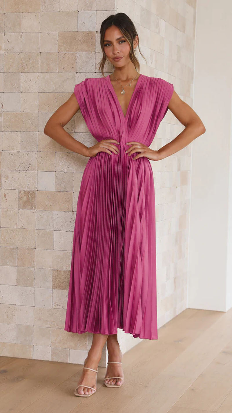 Sol | Dames midi jurk met V-hals geplooide rok