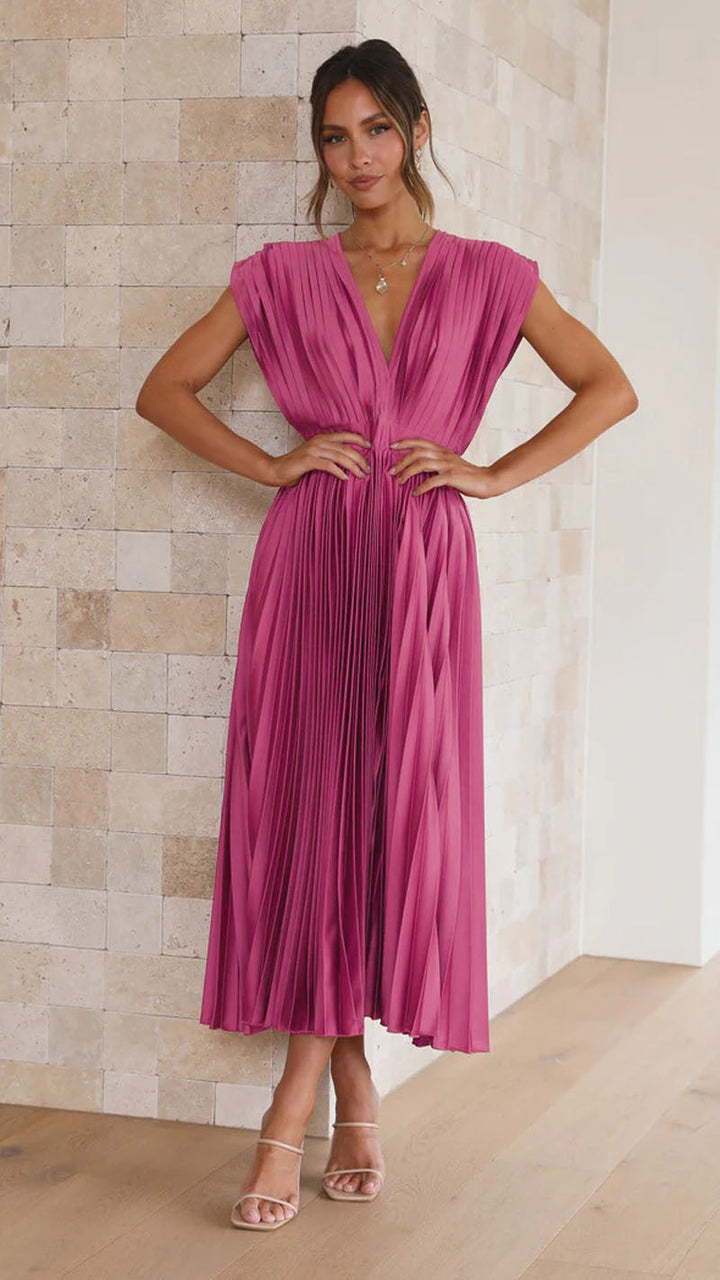 Sol | Dames midi jurk met V-hals geplooide rok