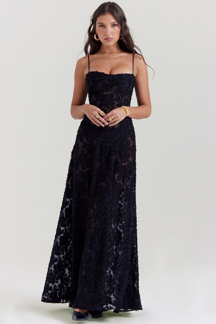 Noor | Dames jurk maxi strapless geborduurd tule A-lijn
