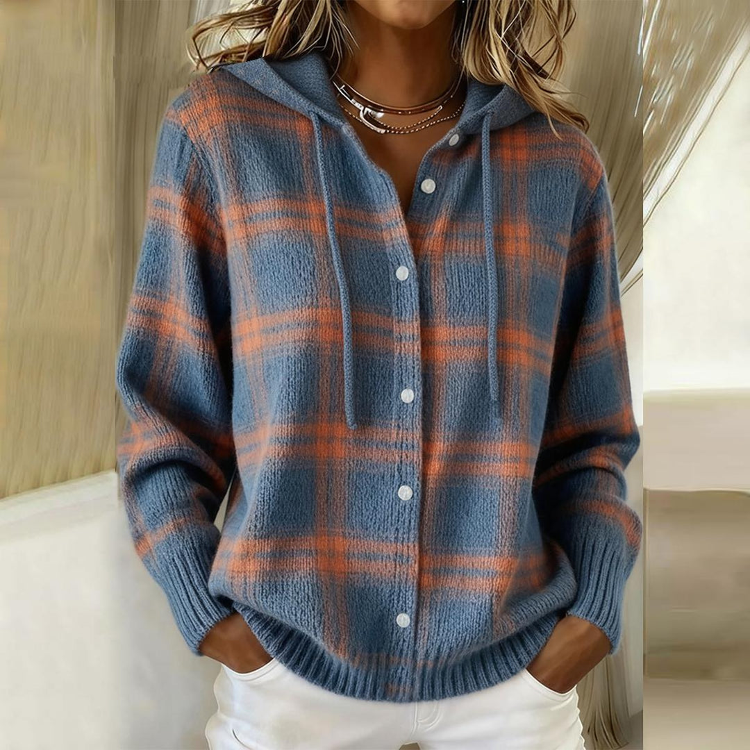 Karo Blau Button-Up Hoodie Pullover