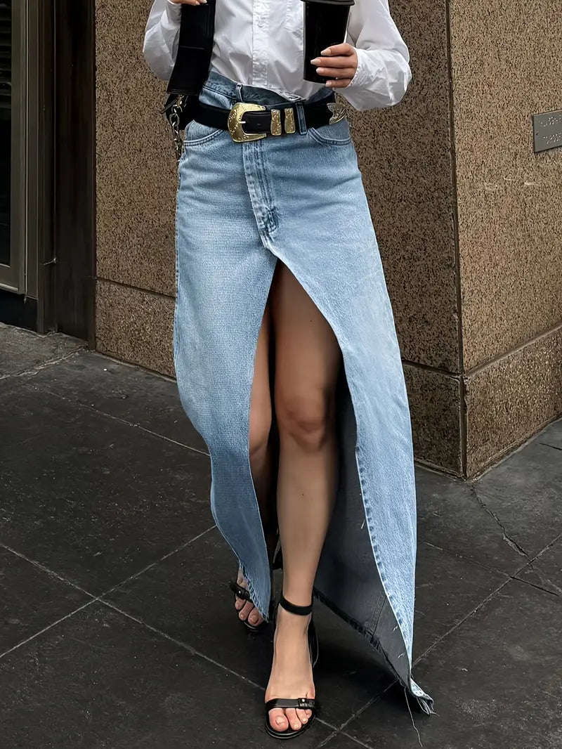 Giada | Denim Maxi Rok Dames – Hoge Taille & Split Voorzijde