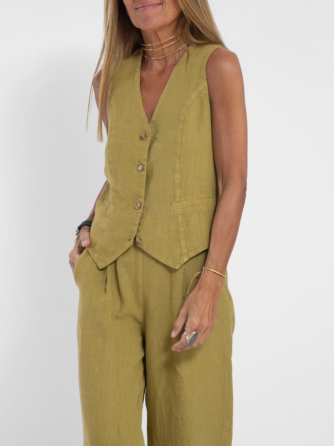 Aaliyah | Dames linnen set V-hals wijde broek