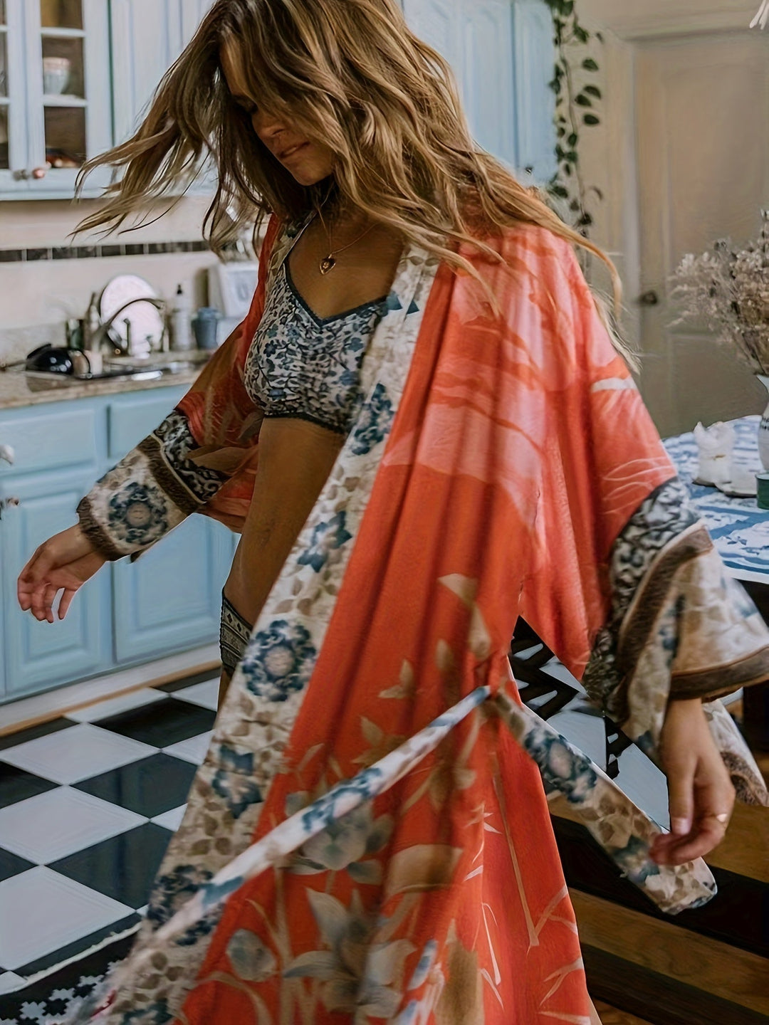 Greta | Dames kimono jurk met ceintuur print