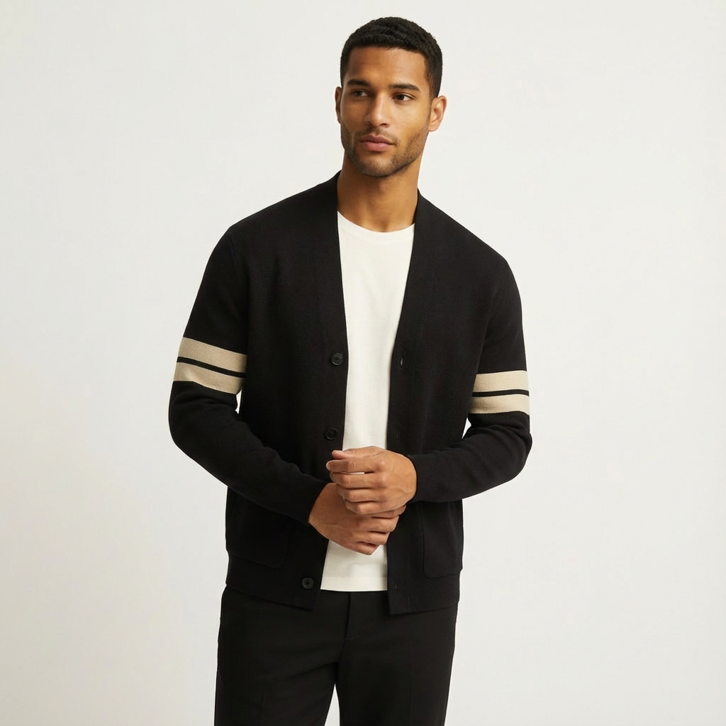 Klassieke Merino Heren Cardigan met Gestreepte Mouwen