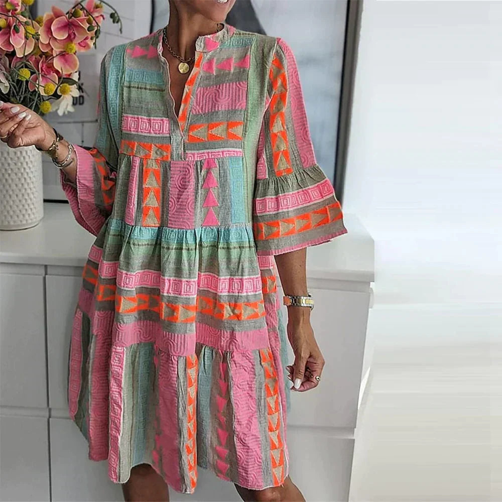 Lisa | Dames jurk met kleurrijke print lange mouwen