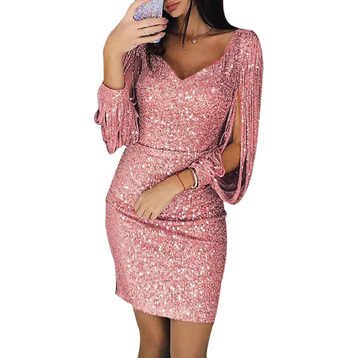 Christina | Dames Paillettenjurk met V-Hals en Splitmouwen