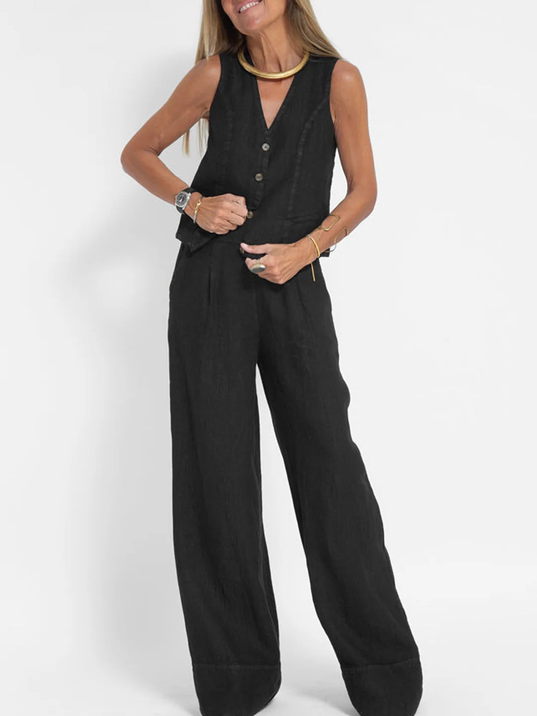 Aaliyah | Dames linnen set V-hals wijde broek