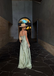 Gilda | Luxe Maxi Jurk met Elegante Bloemen Print - Kleur Pistache Groen
