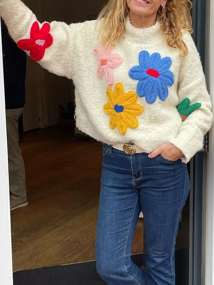 Melissa | Dames Trui met Bloemen Applicaties Losse Pasvorm