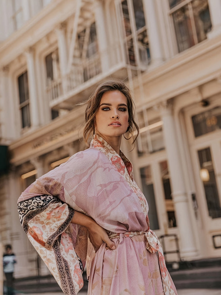 Greta | Dames kimono jurk met ceintuur print