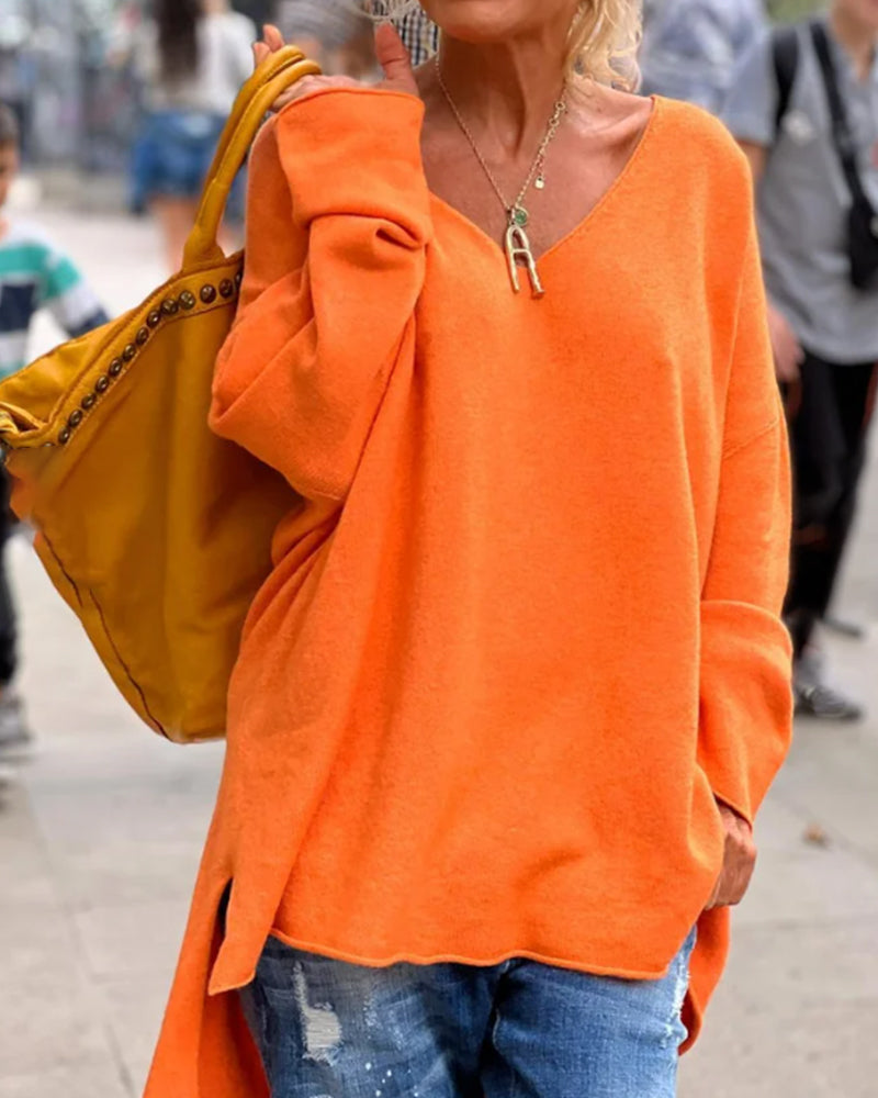 Yarah | Oranje Loose Fit Trui met V-hals