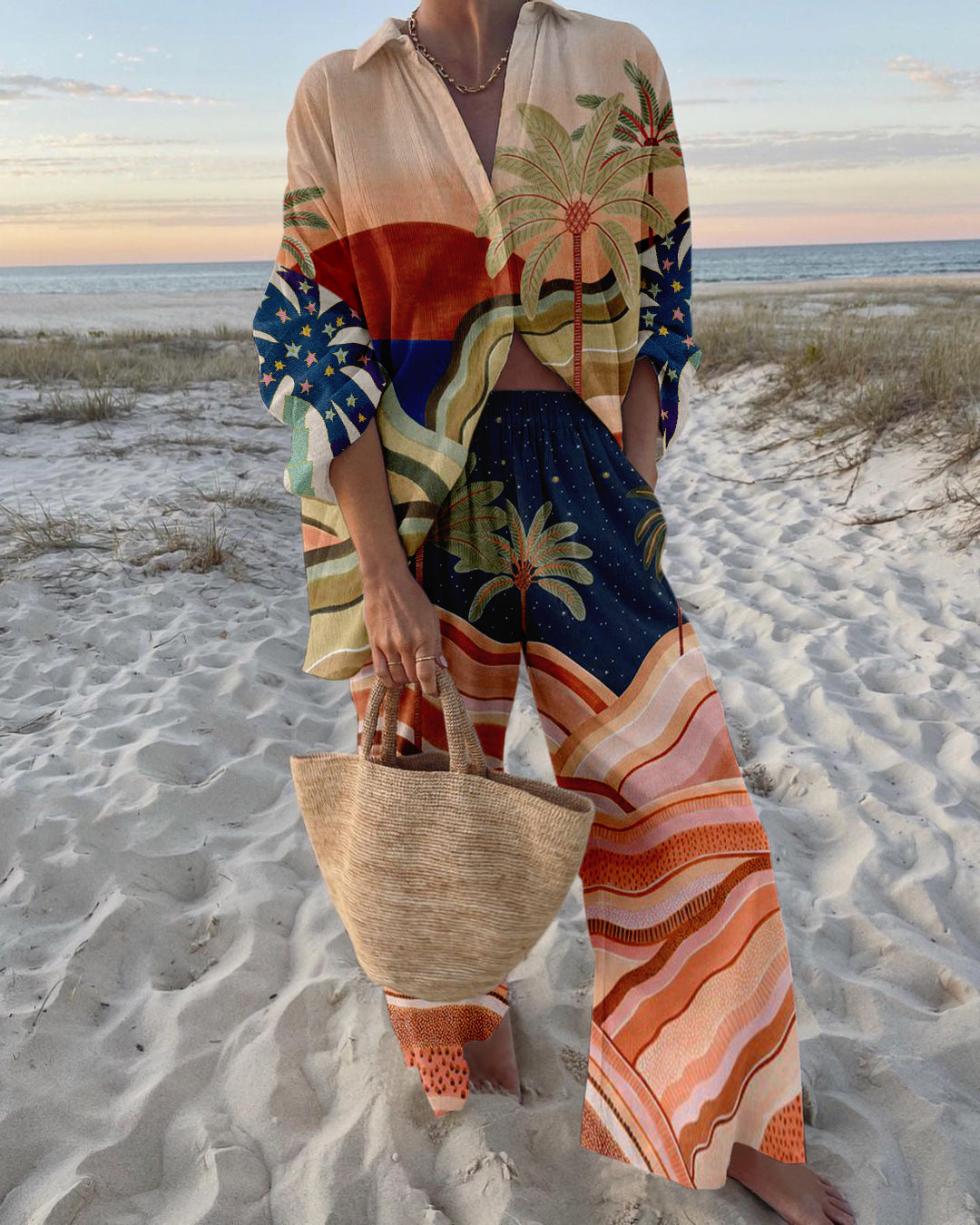 Adriana | Dames strandset met print en wijde broek