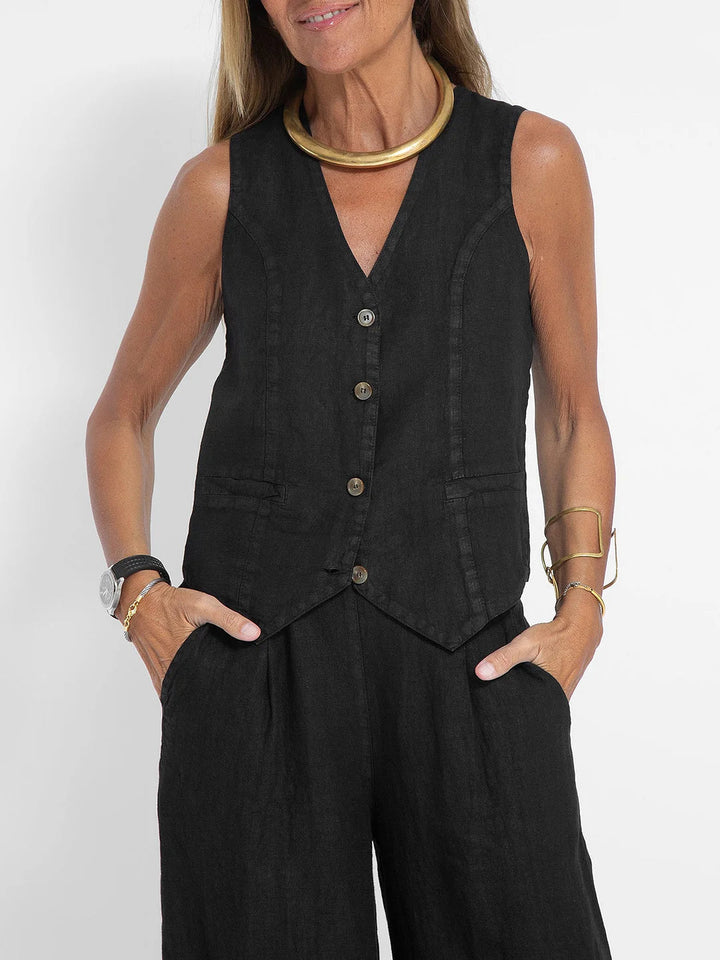 Aaliyah | Dames linnen set V-hals wijde broek