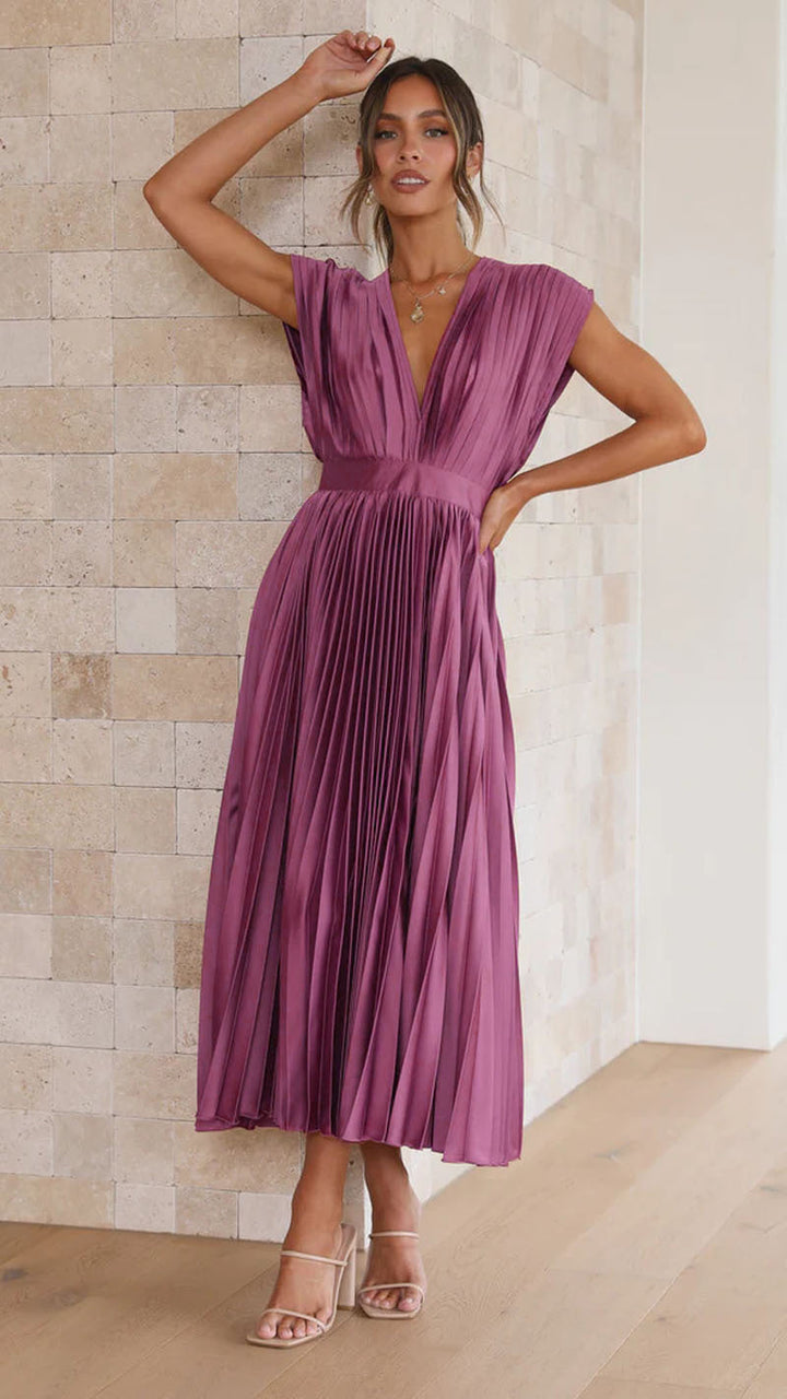 Sol | Dames midi jurk met V-hals geplooide rok