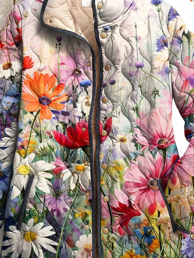 Dames Vintage Charmante Bloemenprint Casual Gewatteerde Jas