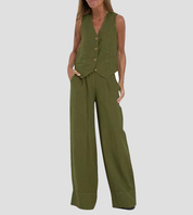 Juana | Elegante Mouwloze Linnen Set met V-Hals Gilet en Wijde Broek
