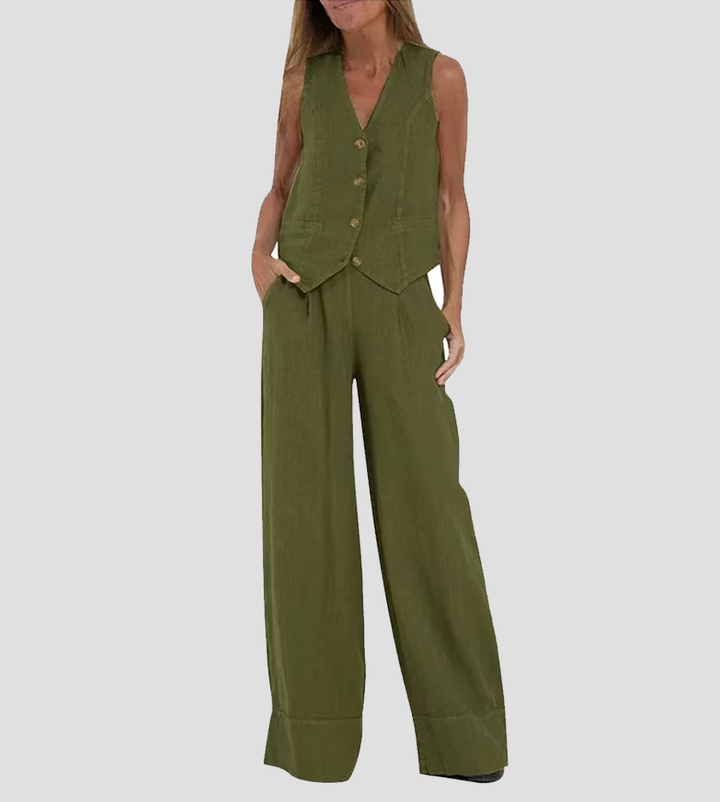 Aaliyah | Dames linnen set V-hals wijde broek