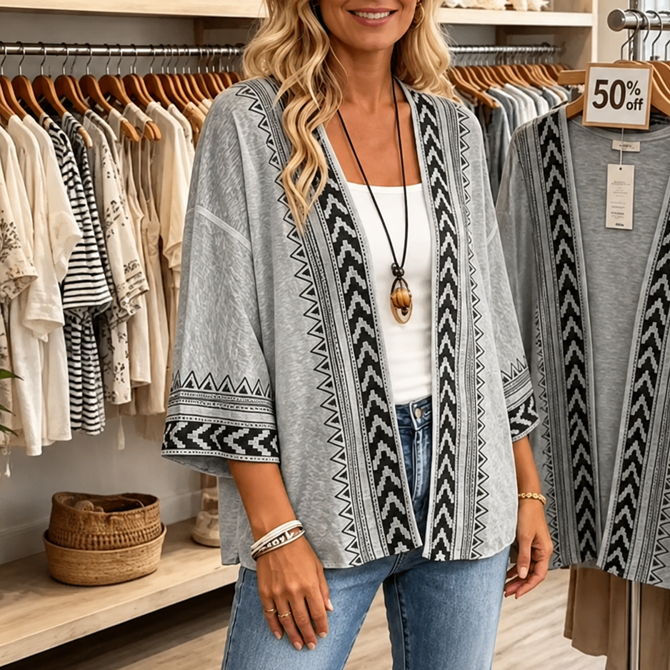 Wearbella – Retro Geometrische Print Open-Front Cardigan