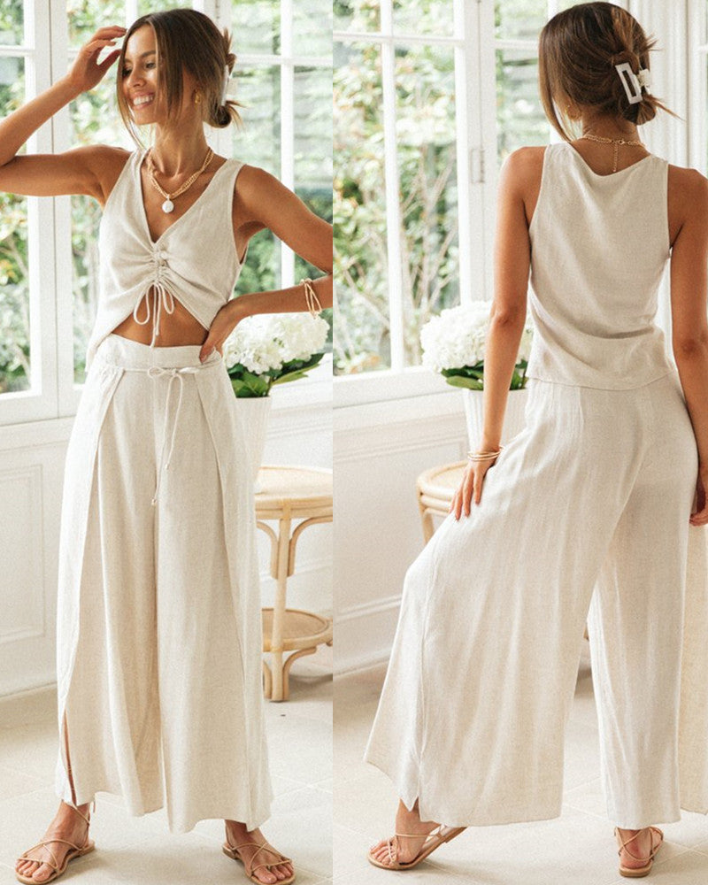 Zainab | Dames tweedelige set met strikdetail wijde broek