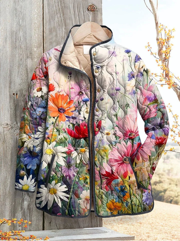 Dames Vintage Charmante Bloemenprint Casual Gewatteerde Jas