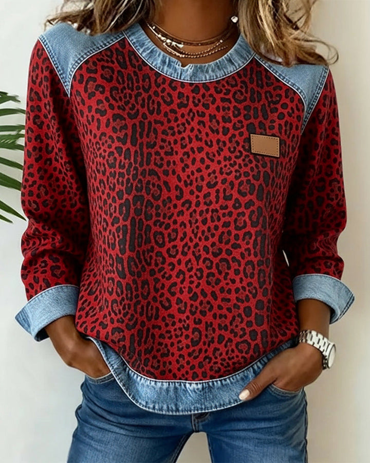 Dames Sweatshirt met Luipaardprint en Denim Patchwork