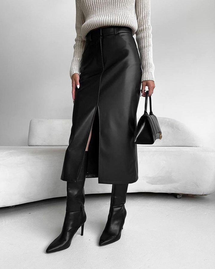 Isa | Dames high-waist midi rok van imitatieleer met split