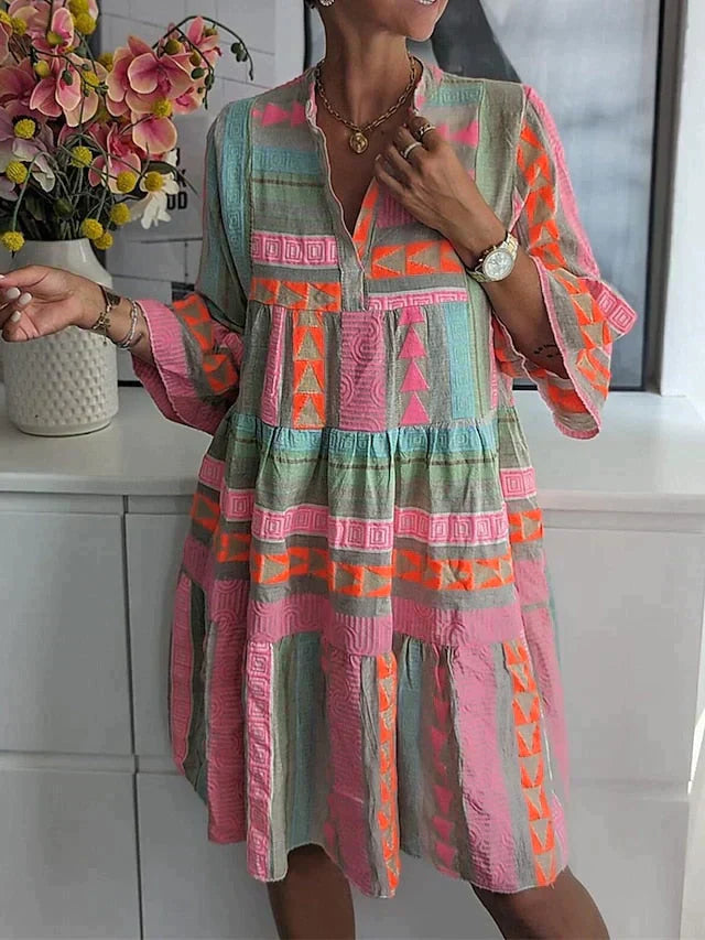 Lisa | Dames jurk met kleurrijke print lange mouwen
