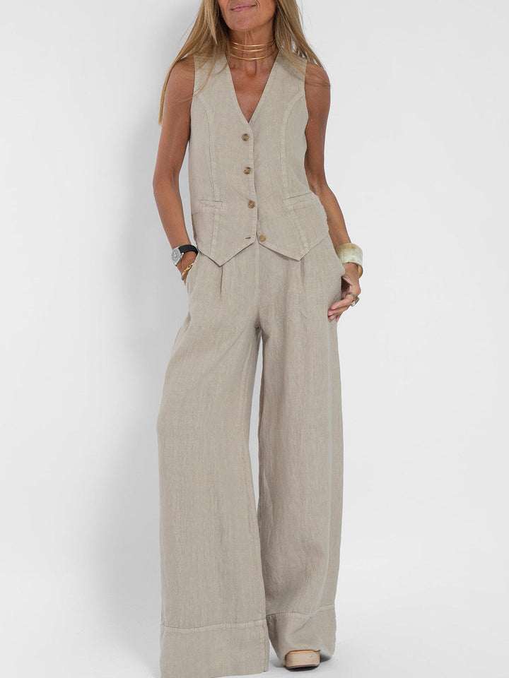 Aaliyah | Dames linnen set V-hals wijde broek