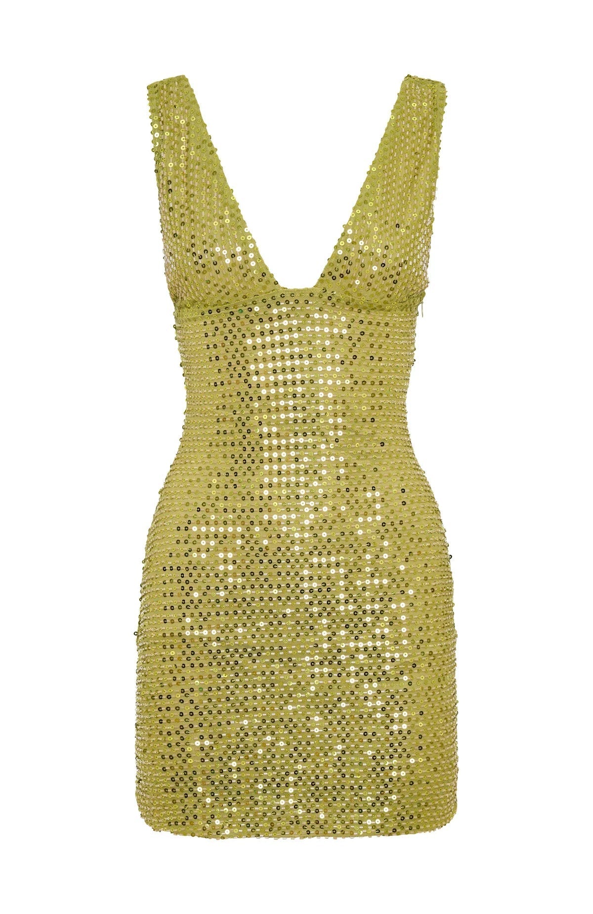Aureline | Party Mini Jurk Dames - Goud, Groene Pailletten, Curve-Hugging Fit met Diepe V-hals