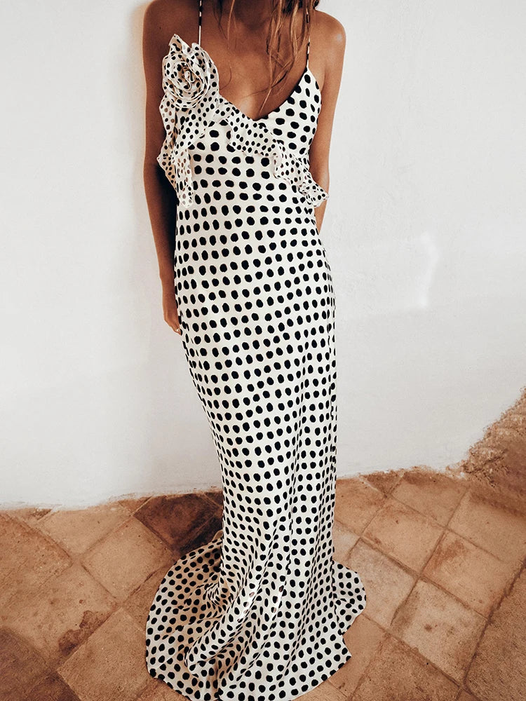 Ava | Vloeiende Maxi Jurk - Speelse Polkadot Print, Elegante Zomerjurk