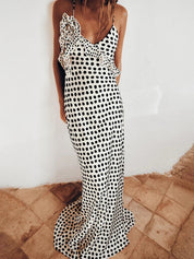 Ava | Vloeiende Maxi Jurk - Speelse Polkadot Print, Elegante Zomerjurk