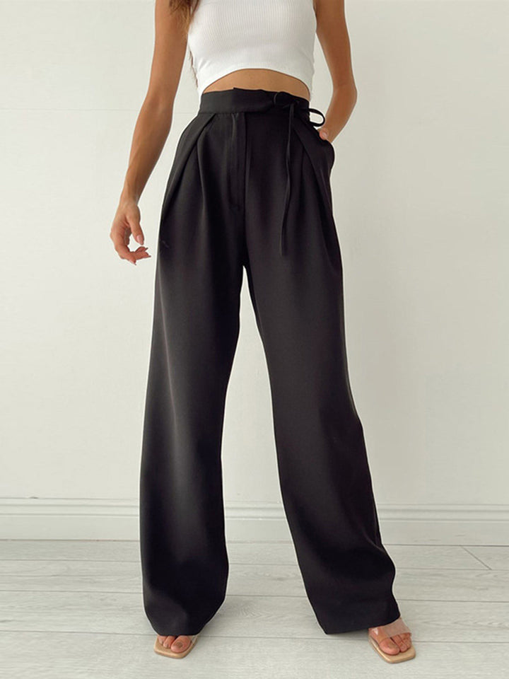 Evelina | Dames broek met hoge taille strikdetail wijdpijpen