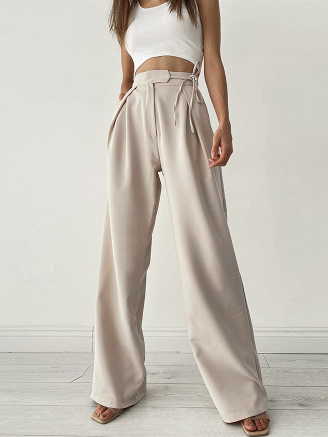 Evelina | Dames broek met hoge taille strikdetail wijdpijpen