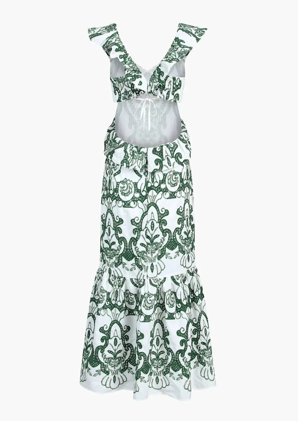 Amalia | Lange Katoenen Zomerjurk met Open Rug – Wit-Groen