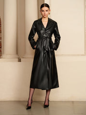 Rianne | Zwarte Lange Trenchcoat van Imitatieleer Dames