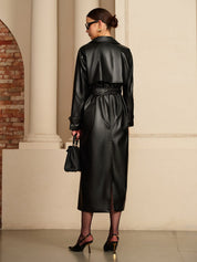 Rianne | Zwarte Lange Trenchcoat van Imitatieleer Dames
