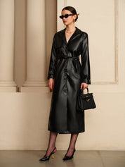 Rianne | Zwarte Lange Trenchcoat van Imitatieleer Dames