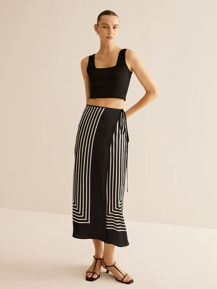 Feline | Dames maxi rok met grafisch streepdesign en strikdetail