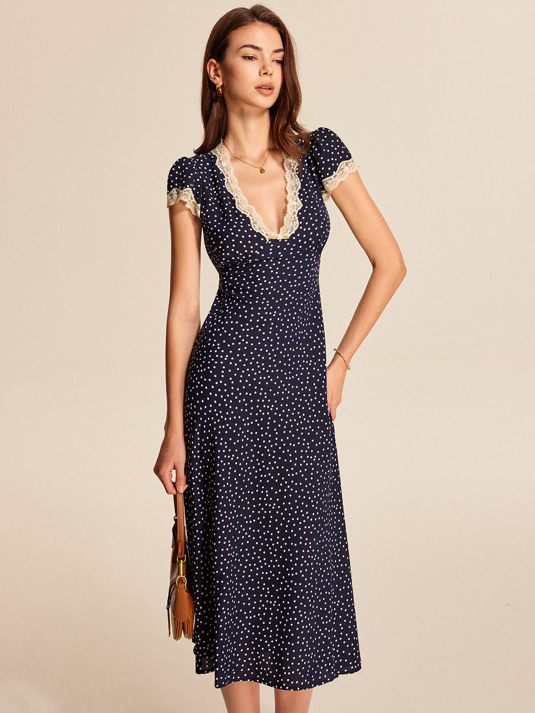 Simone | Dames jurk polkadot midi ruches V-hals