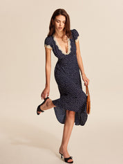 Casey | Polkadot Midi Jurk met Kant en Pofmouwen