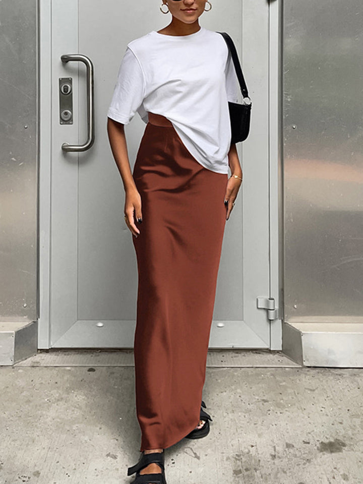 Milou | Dames satijnen maxi rok zwart – elegante aansluitende pasvorm