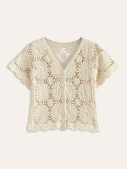 Isma | Trendy Top - Gebreid Vestje met Bloemen & Knopen – Katoenmix