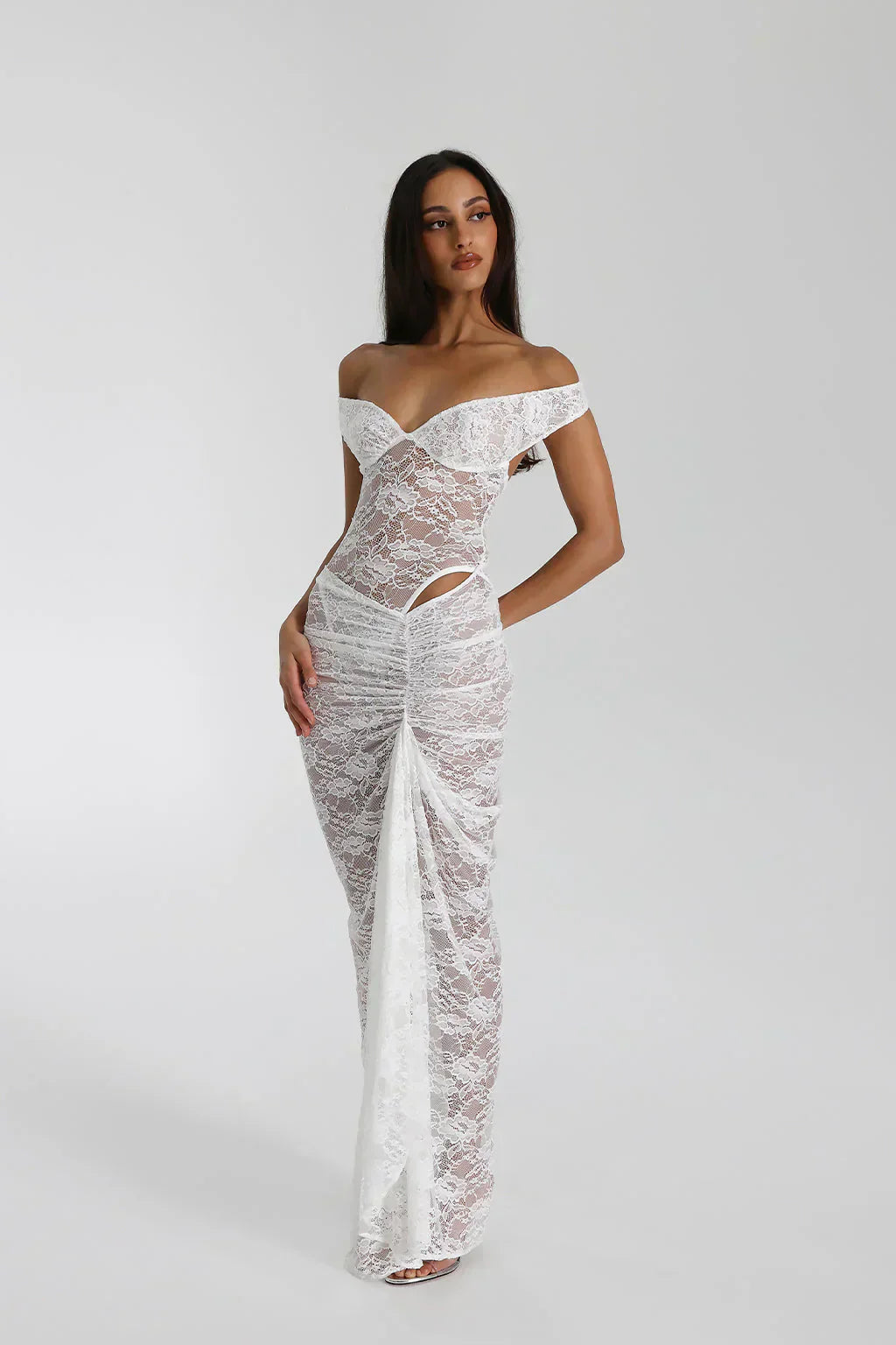 Anaisa | Dames maxi jurk met open schouders uitsnijding