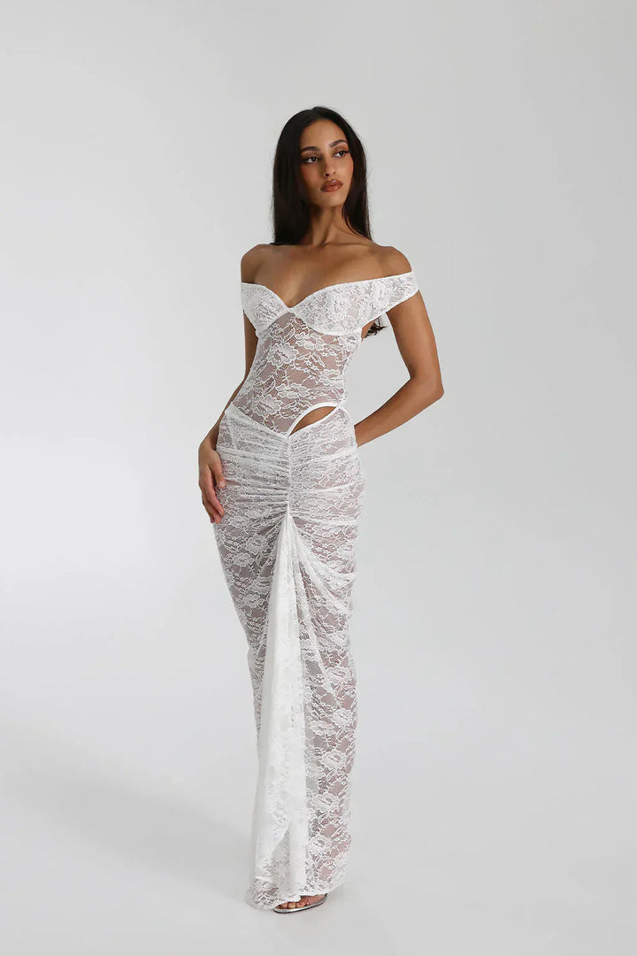 Anaisa | Dames maxi jurk met open schouders uitsnijding