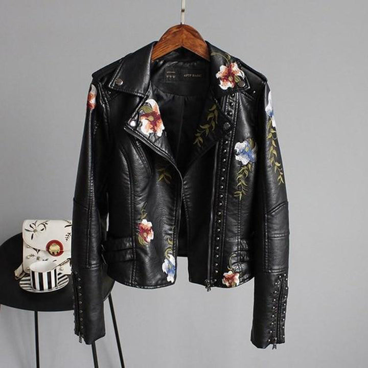 Hadley | Dames leren jas met borduursels en ritssluiting