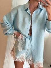 Celia | Tweedelige Satijnen Strand Set Dames - Overhemd en Shorts met Kanten Patchwork, Relaxed Fit