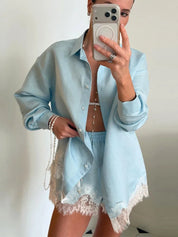 Celia | Tweedelige Satijnen Strand Set Dames - Overhemd en Shorts met Kanten Patchwork, Relaxed Fit