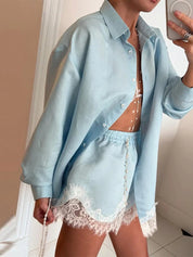 Celia | Tweedelige Satijnen Strand Set Dames - Overhemd en Shorts met Kanten Patchwork, Relaxed Fit